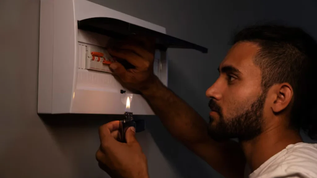 Image of a person resetting a tripped circuit breaker in a home electrical panel, with labeled switches and a highlighted breaker in the 'off' position. A caution icon emphasizes safety during the process