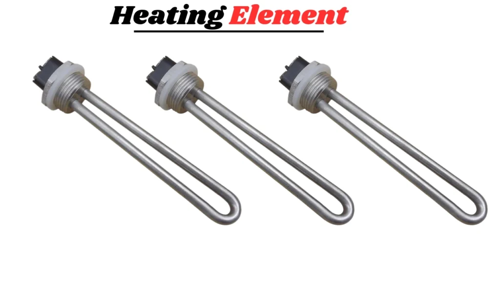 Image of Close-up of a metal heating element removed from an electric water heater, showing corrosion and mineral buildup on the coils.